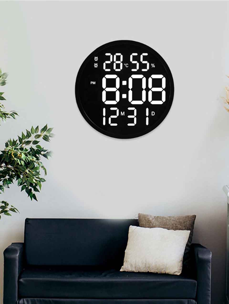 Modern Digital Wall Clock with Temperature &amp; Humidity Display – Large LED Display, Remote Control, Alarm, and Brightness Adjustment