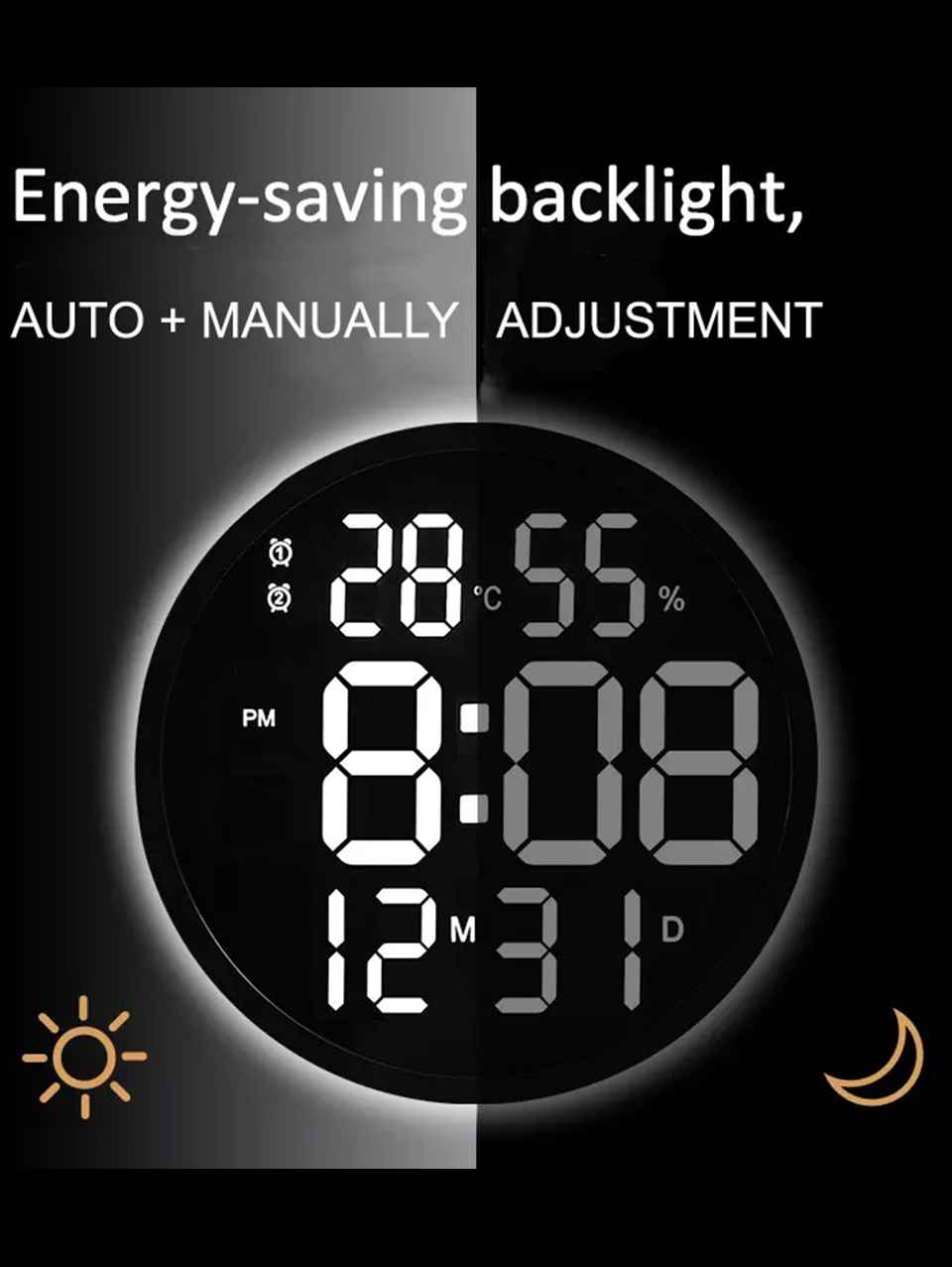 Modern Digital Wall Clock with Temperature &amp; Humidity Display – Large LED Display, Remote Control, Alarm, and Brightness Adjustment