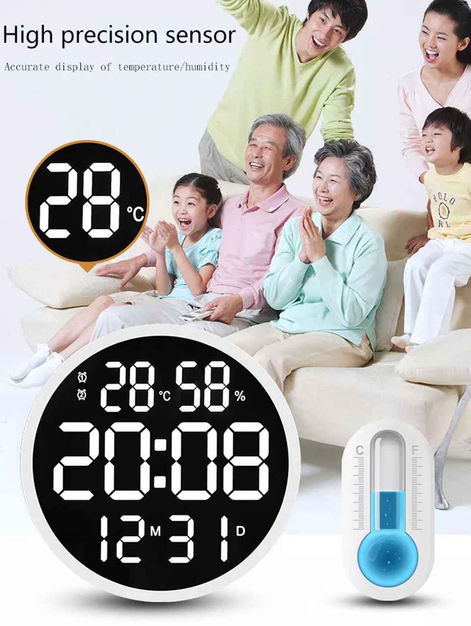 Modern Digital Wall Clock with Temperature &amp; Humidity Display – Large LED Display, Remote Control, Alarm, and Brightness Adjustment