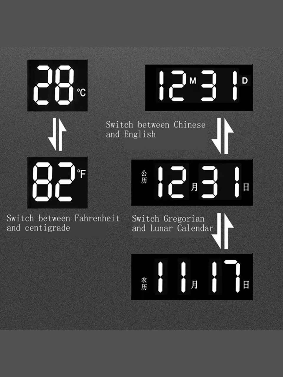 Modern Digital Wall Clock with Temperature &amp; Humidity Display – Large LED Display, Remote Control, Alarm, and Brightness Adjustment