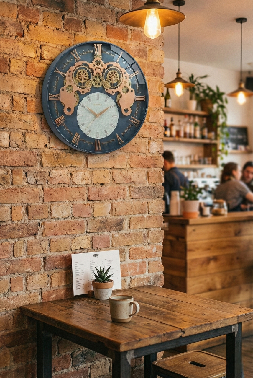 Decorative clock on a brick wall in a cozy cafe setting