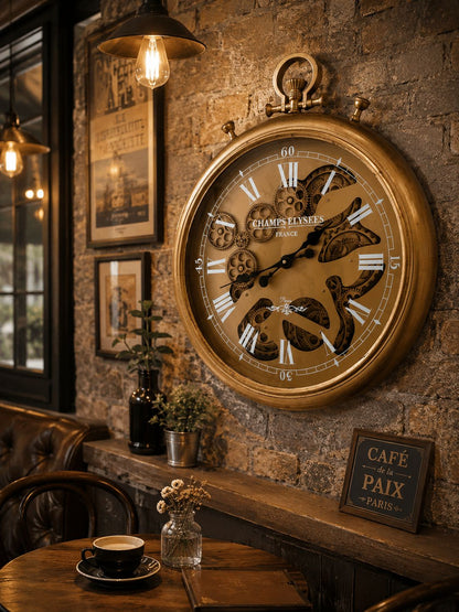 Decorative clock on a stone wall in a cozy café setting.