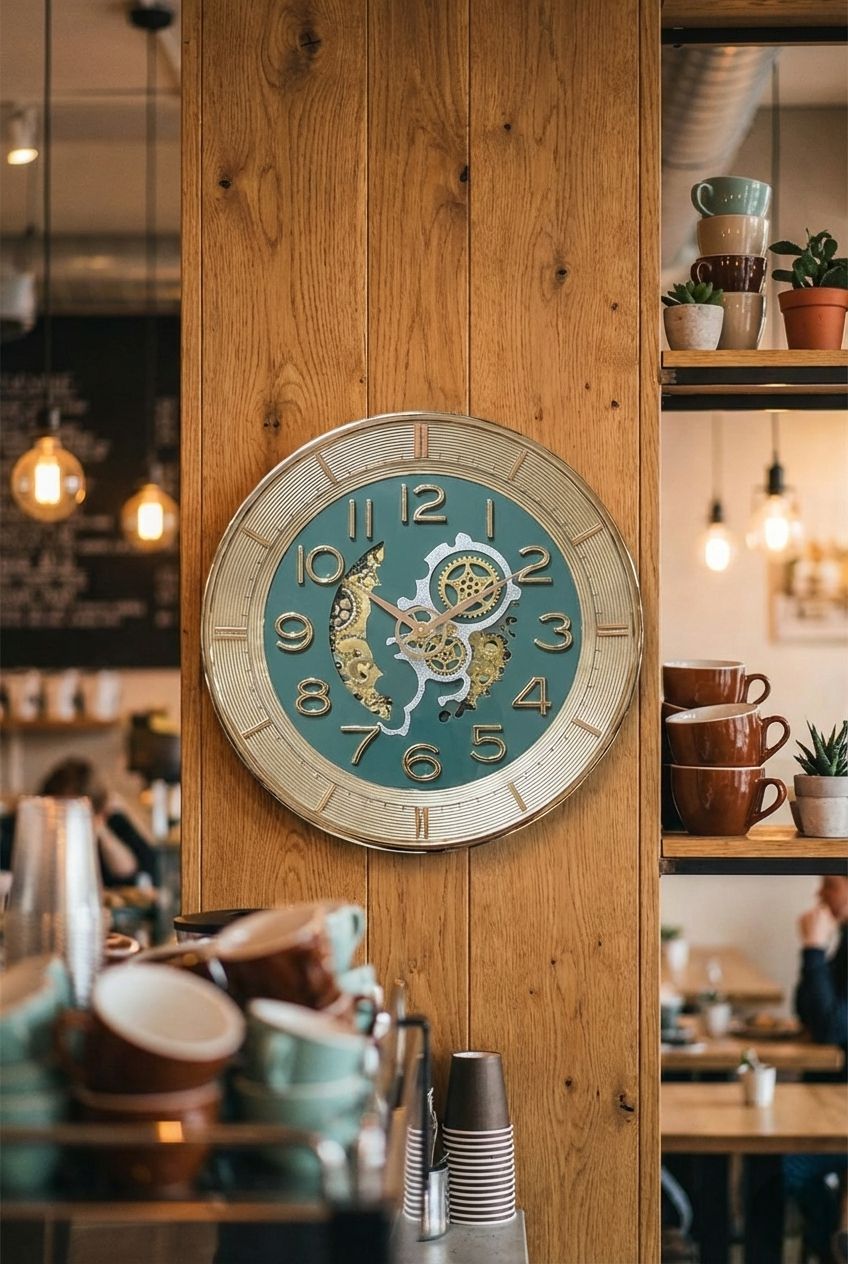 Decorative clock on a wooden wall in a cozy cafe setting