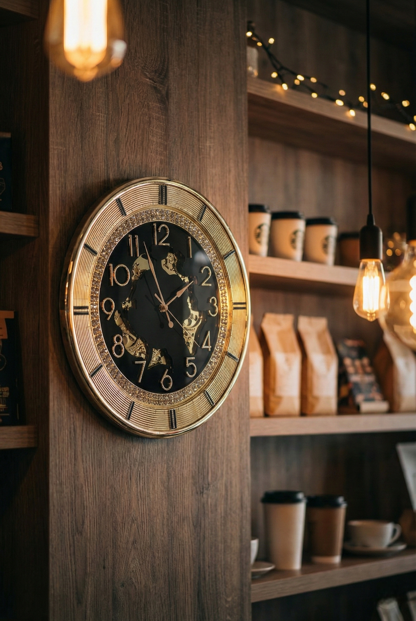 Decorative clock on a wooden wall with shelves displaying coffee cups and bags in the background.