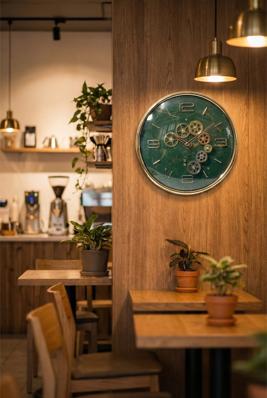 Decorative clock with gear design on a wooden wall in a cozy cafe setting.