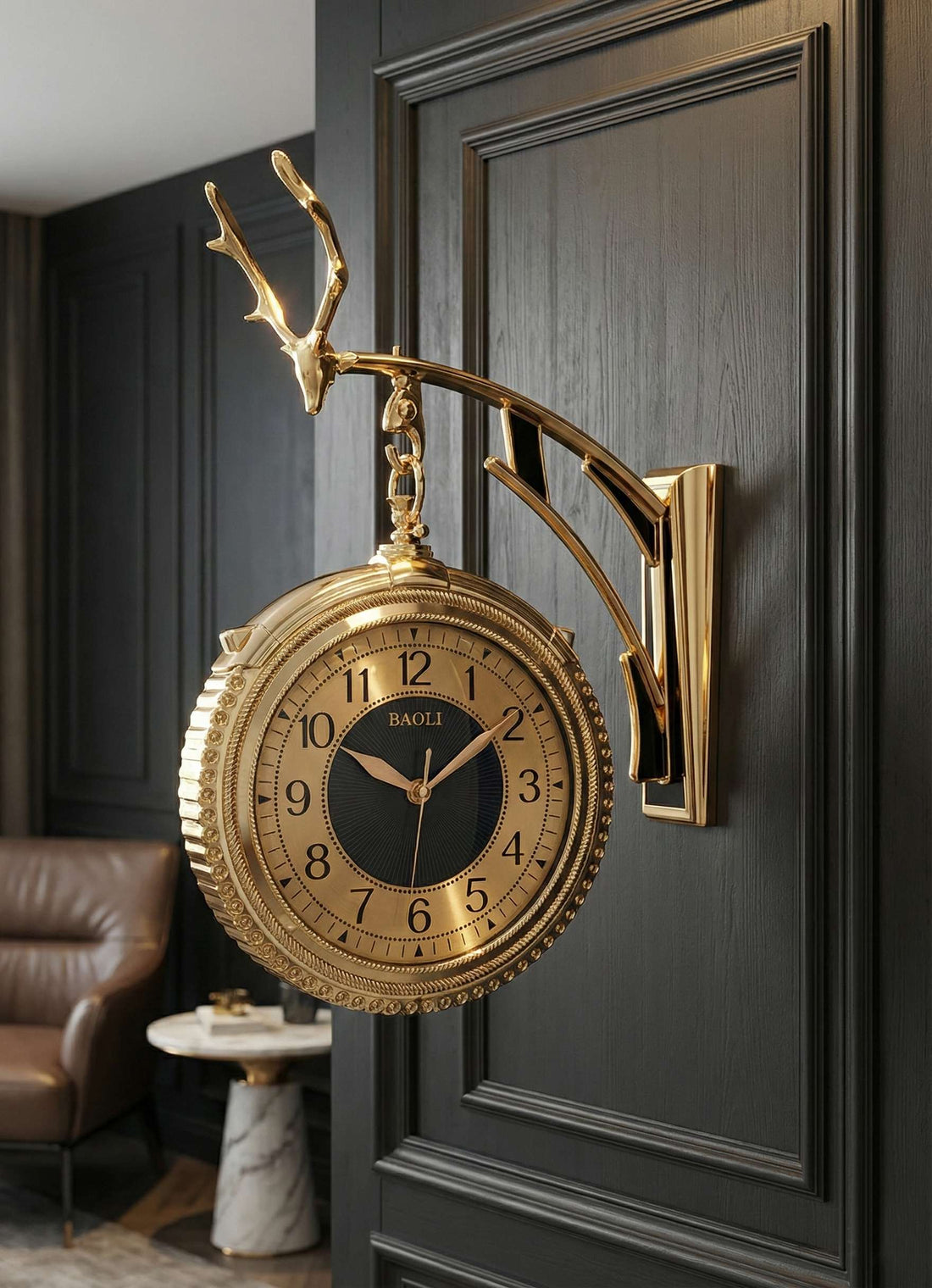 Decorative dual-sided wall clock with Arabic numerals and gold finish