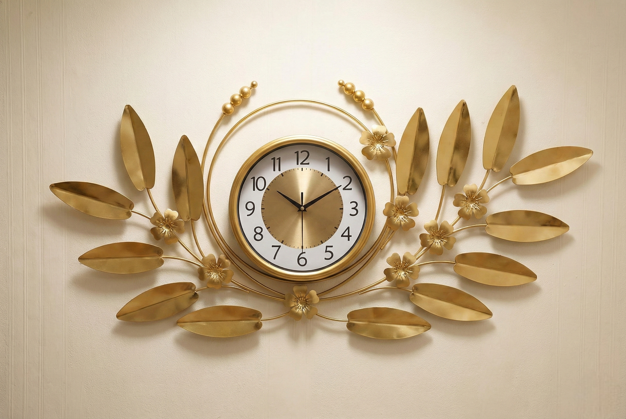 Decorative gold wall clock with leaf designs on a beige background