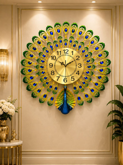 Decorative metal peacock wall clock with ceramic body and crystal feather accents