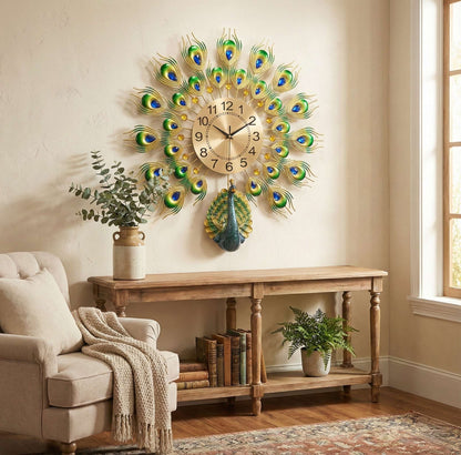 Decorative peacock feather wall clock in a living room setting with a sofa and console table.