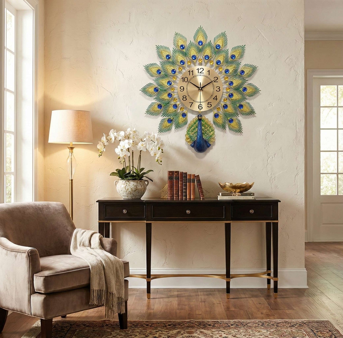 Decorative peacock feather wall clock in a living room setting with a table and chair.