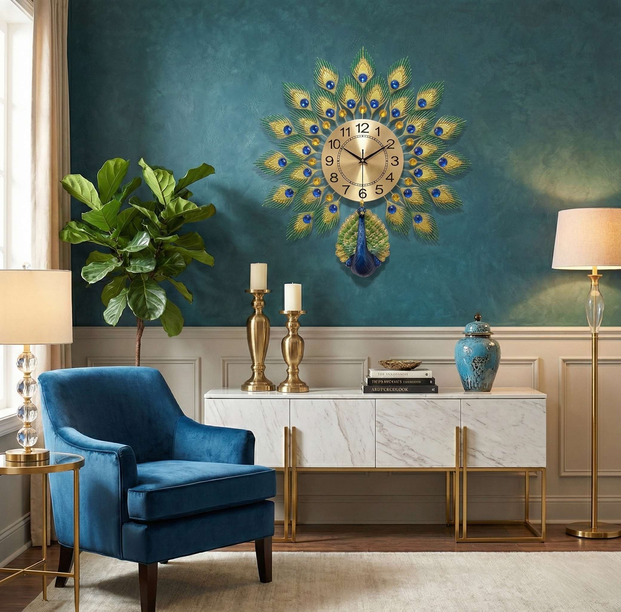Decorative peacock feather wall clock in a stylish living room setting.