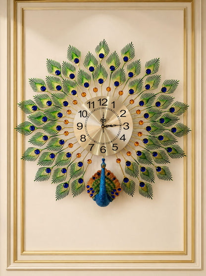 Decorative peacock wall clock with peacock feather design on a beige background