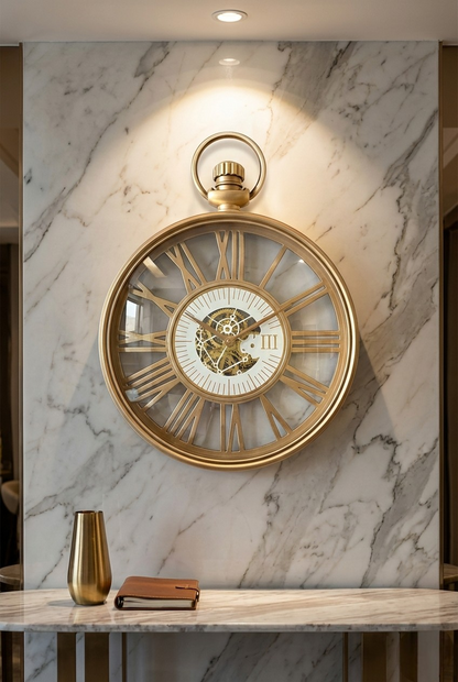 Decorative pocket watch wall clock on a marble wall
