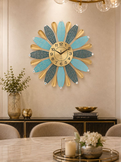Decorative sunburst wall clock mounted above dining area for sophisticated interior styling