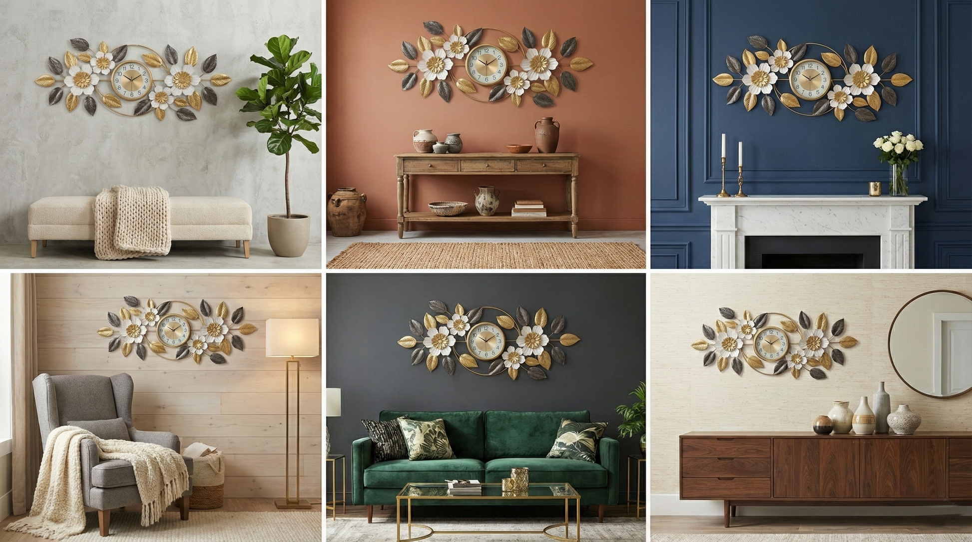 Decorative wall art in various room settings with furniture.