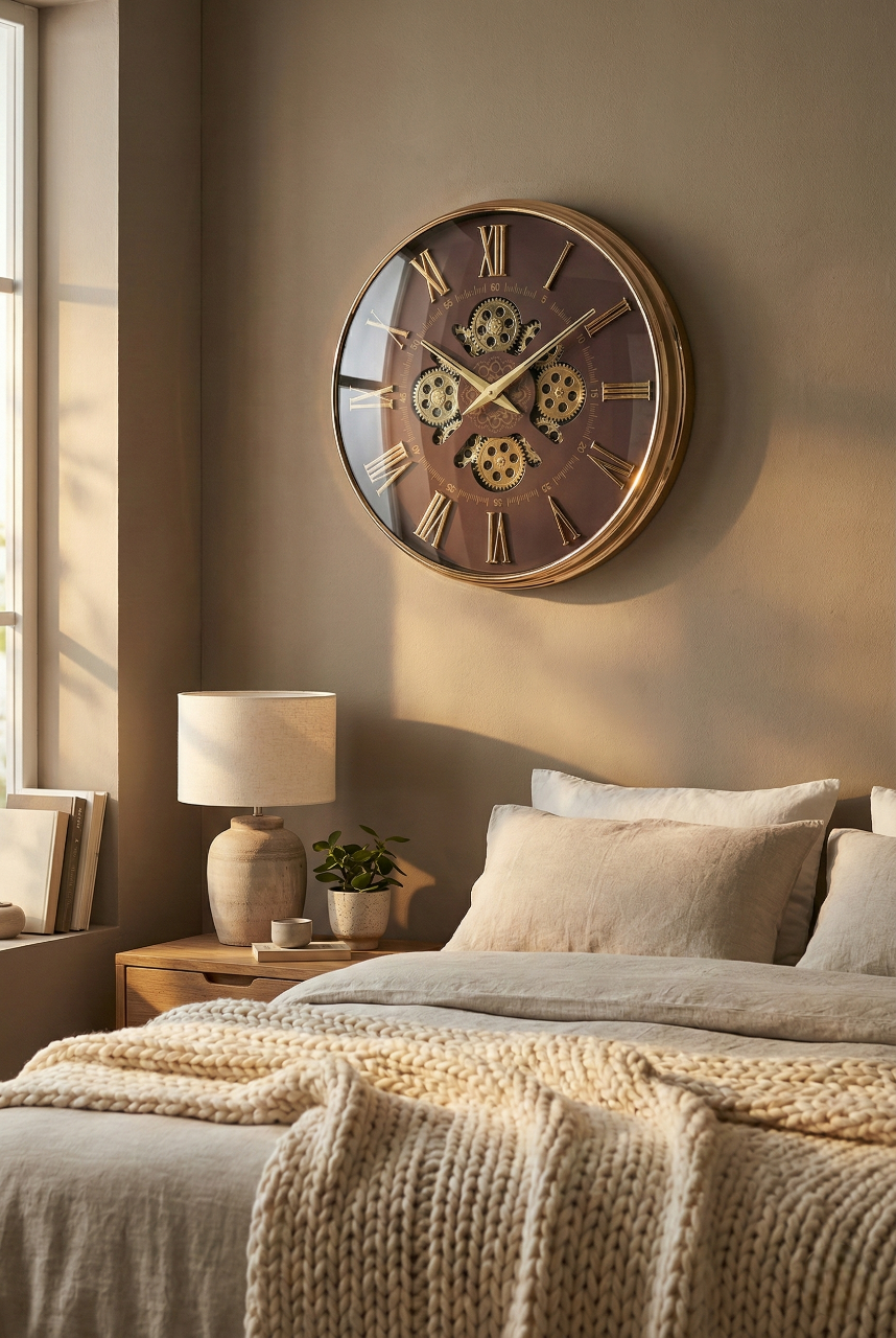 Decorative wall clock in a bedroom setting with soft lighting