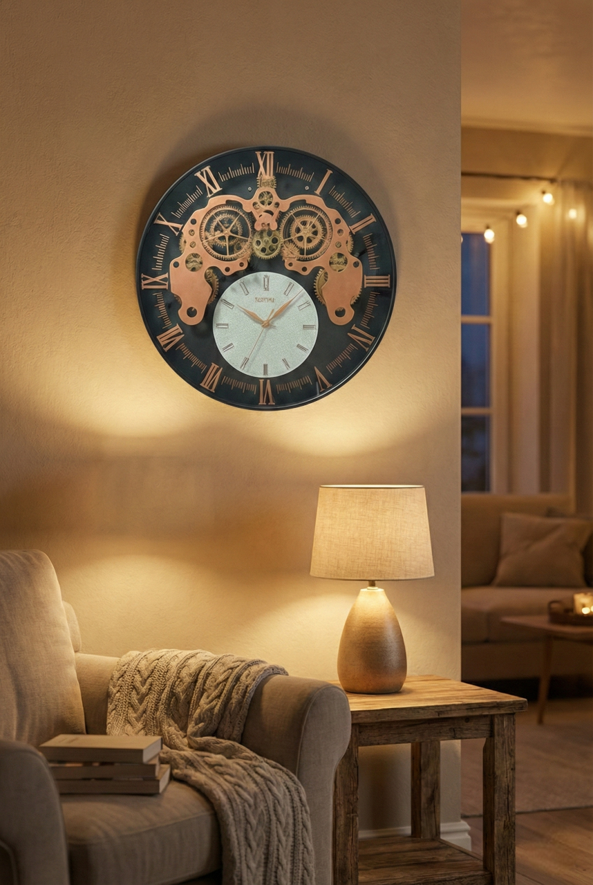 Decorative wall clock in a cozy living room setting with a lamp and sofa.