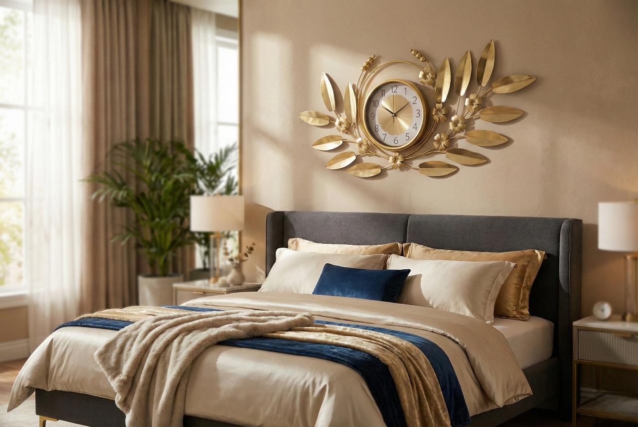Decorative wall clock on a bedroom wall above a bed with matching decor.