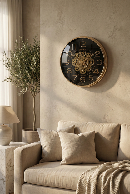 Decorative wall clock on a beige wall above a sofa in a living room.