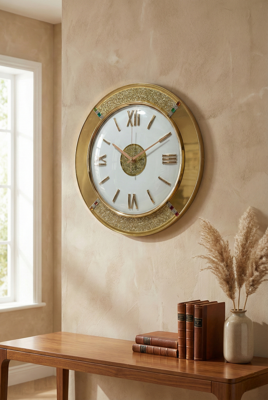 Decorative wall clock on a beige wall with a wooden table and books below.