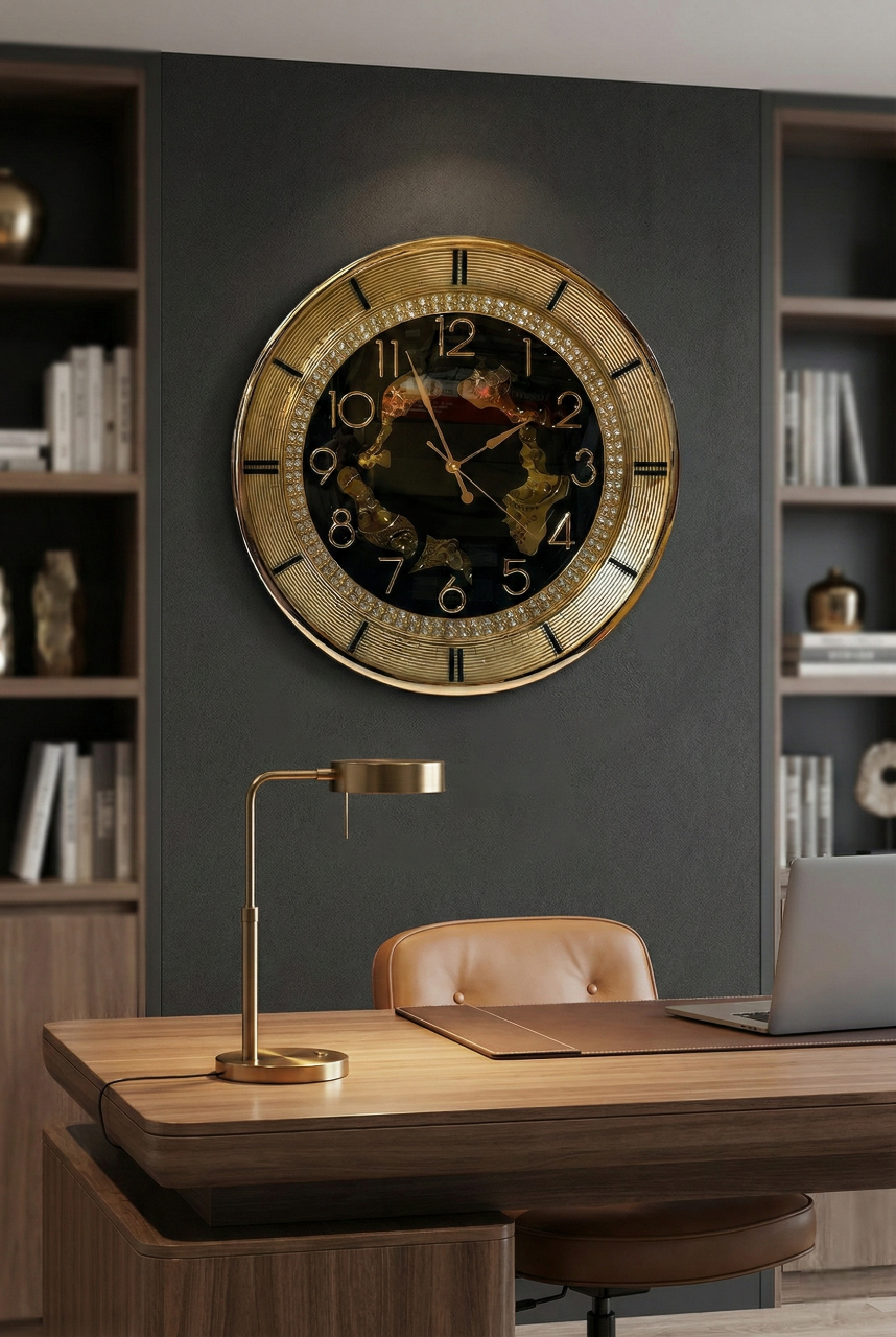 Decorative wall clock on a gray wall above a wooden desk with a lamp and laptop.