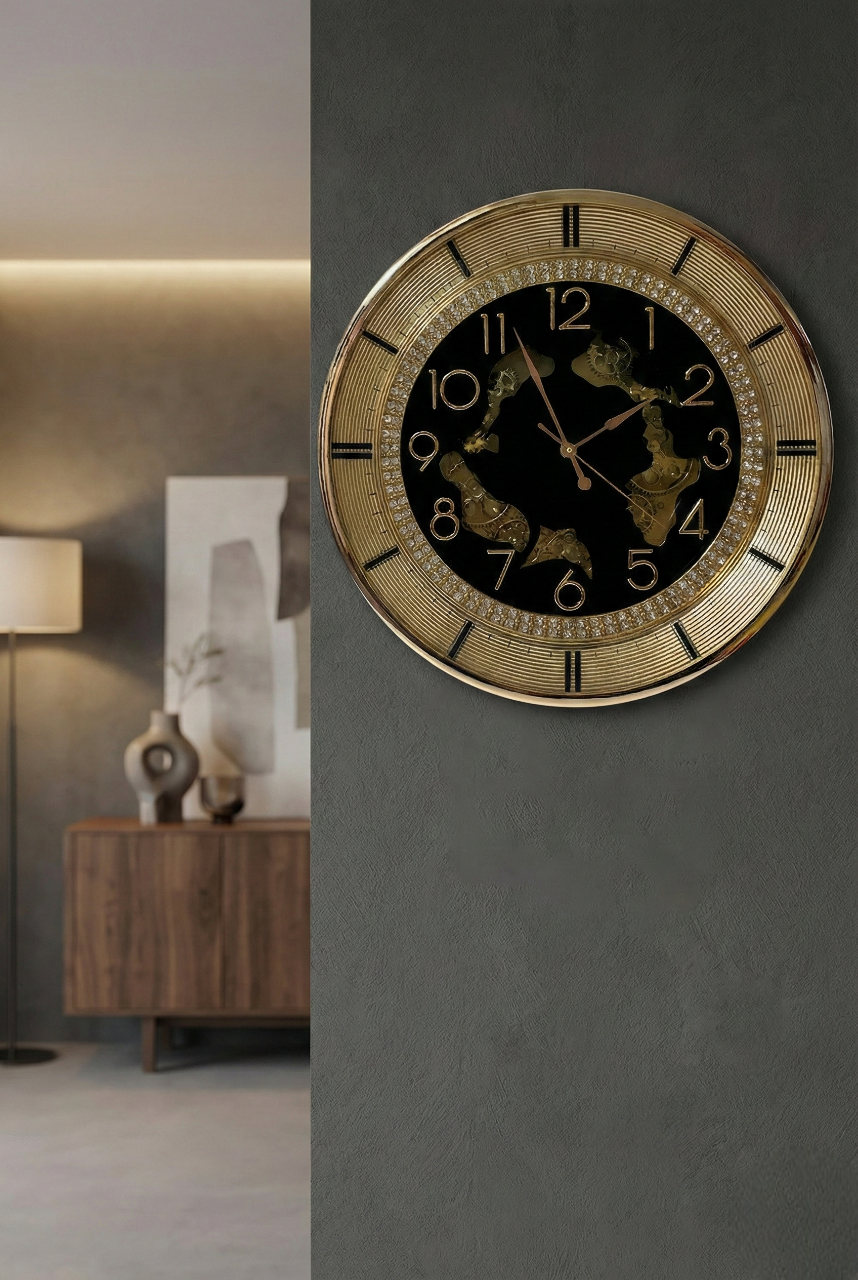 Decorative wall clock on a gray wall with a blurred room background