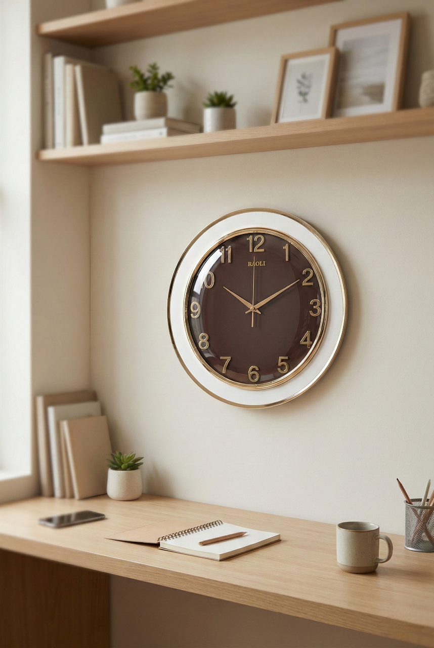Decorative wall clock on a shelf with books and plants in a home office setting.