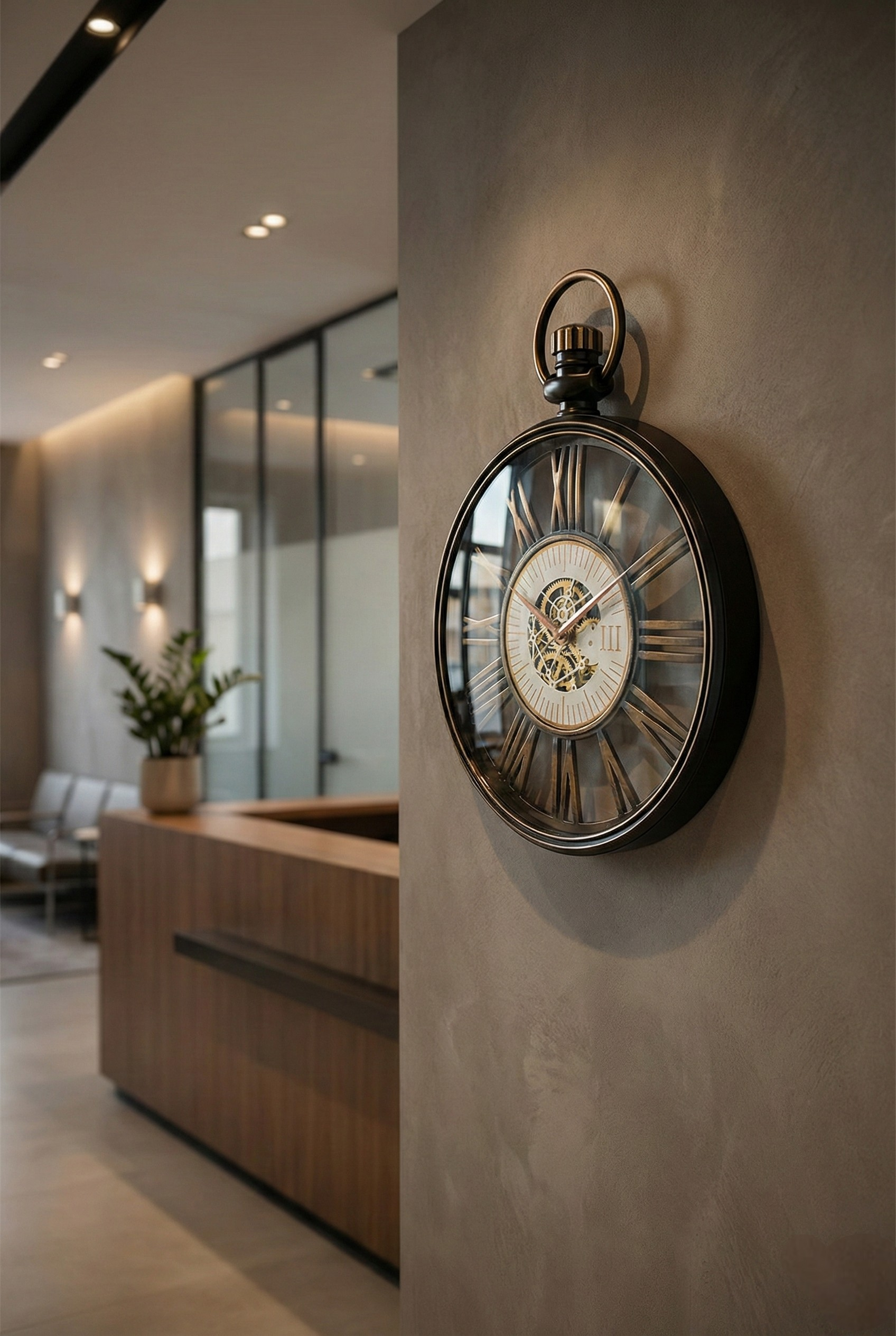 Decorative wall clock on a textured wall in an indoor setting