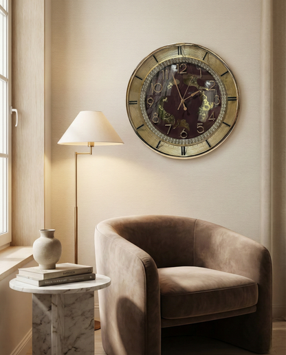 Decorative wall clock on a wall above a brown armchair in a room with a lamp and small table.