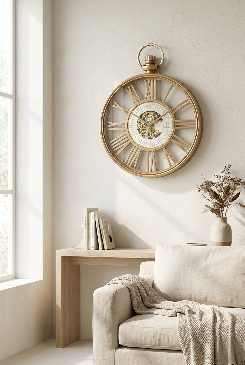 Decorative wall clock on a wall above a sofa in a bright room.