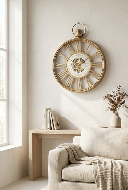 Decorative wall clock on a wall above a sofa in a bright room.