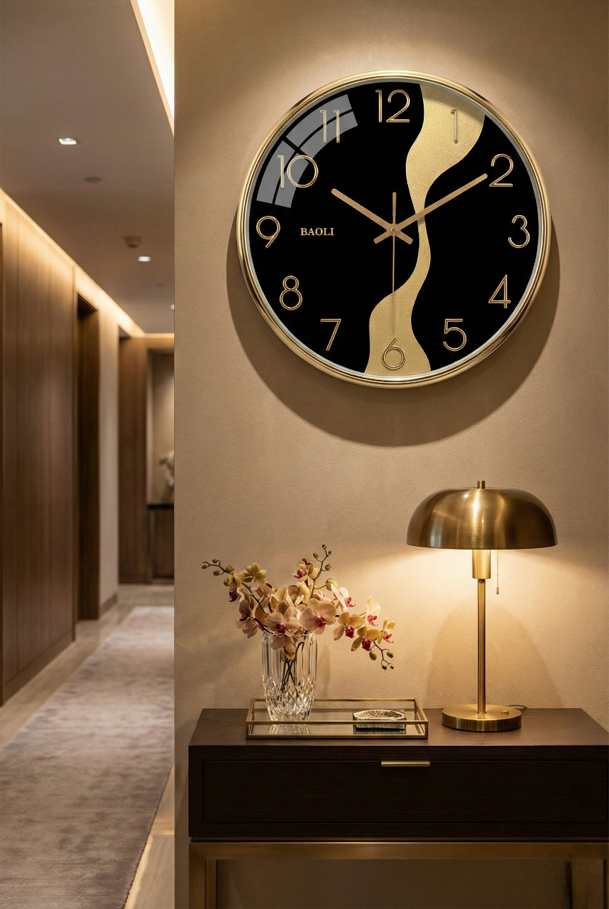 Decorative wall clock on a wall in a stylish interior setting with a lamp and flowers.