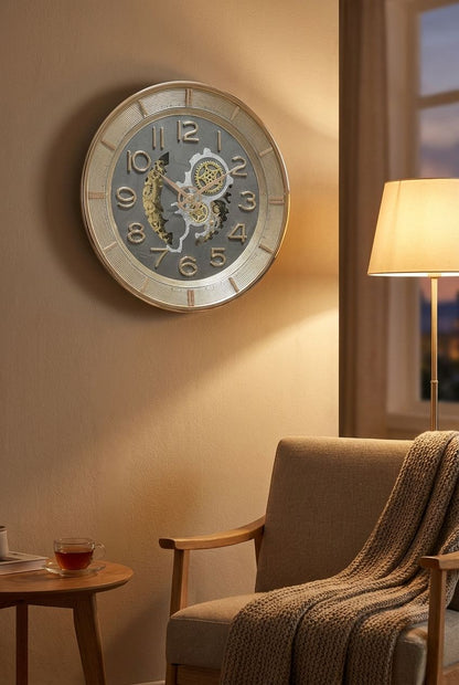 Decorative wall clock on a wall with a chair and lamp in the foreground