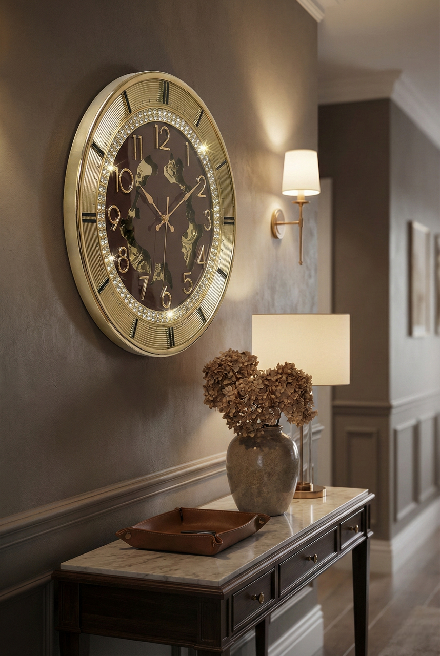 Decorative wall clock on a wall with a lamp and vase on a table below.