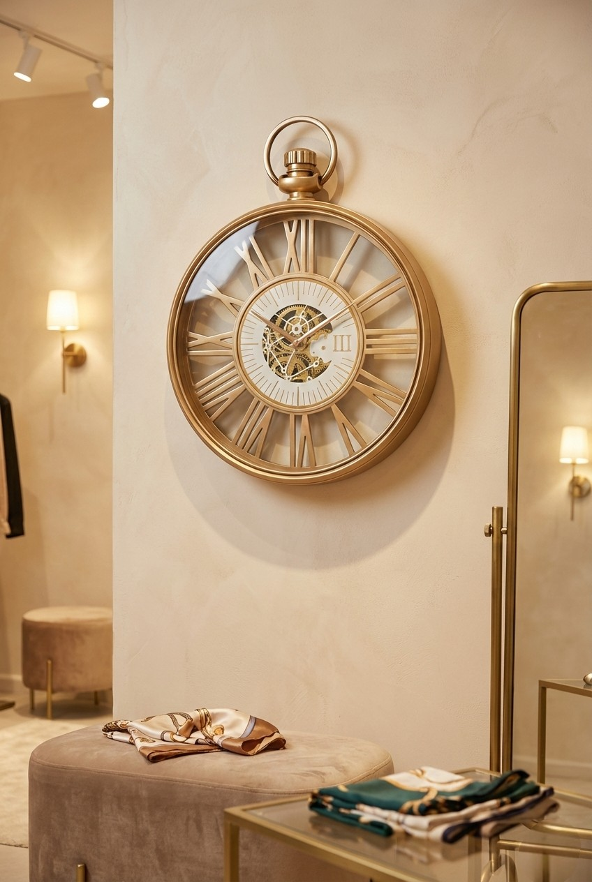 Decorative wall clock on a wall with a mirror and stool in the background