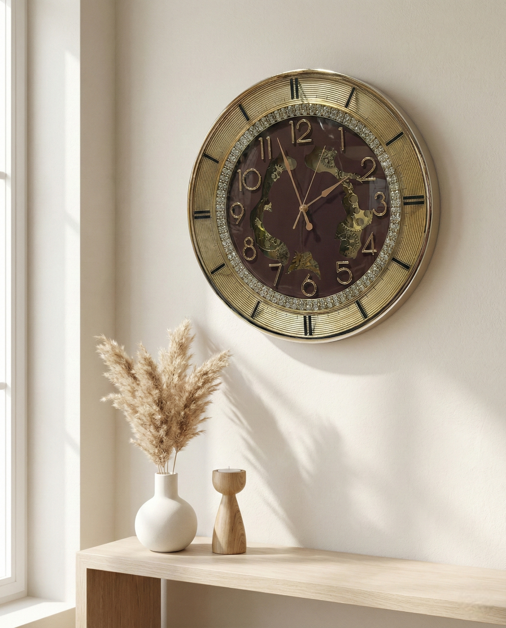 Decorative wall clock on a wall with a table and vase in the foreground