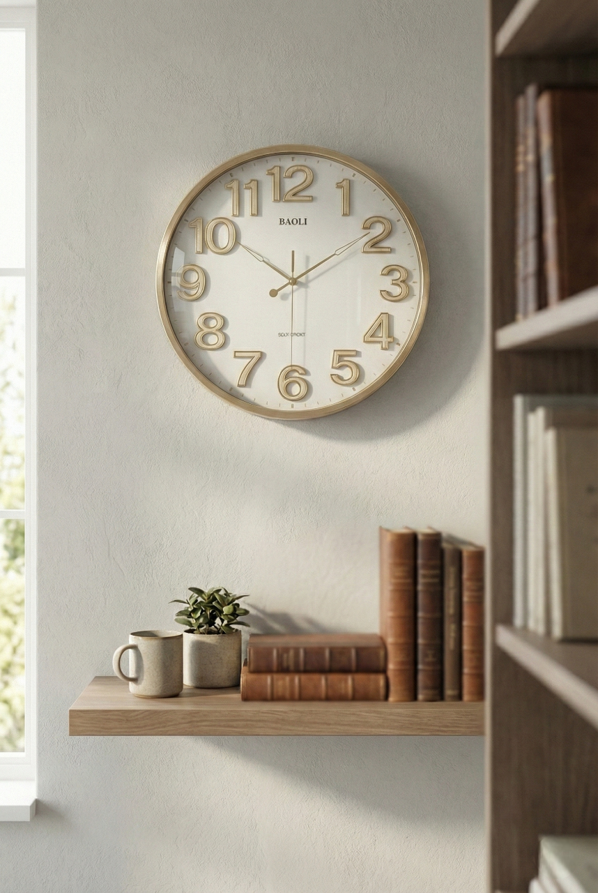 Decorative wall clock on a wall with books and a plant on a shelf below.
