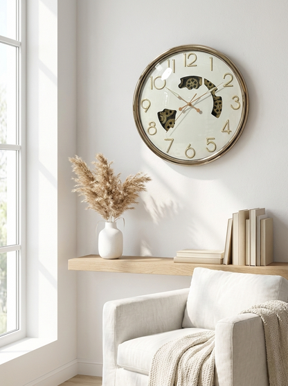 Decorative wall clock on a white wall above a wooden shelf with books and a vase.