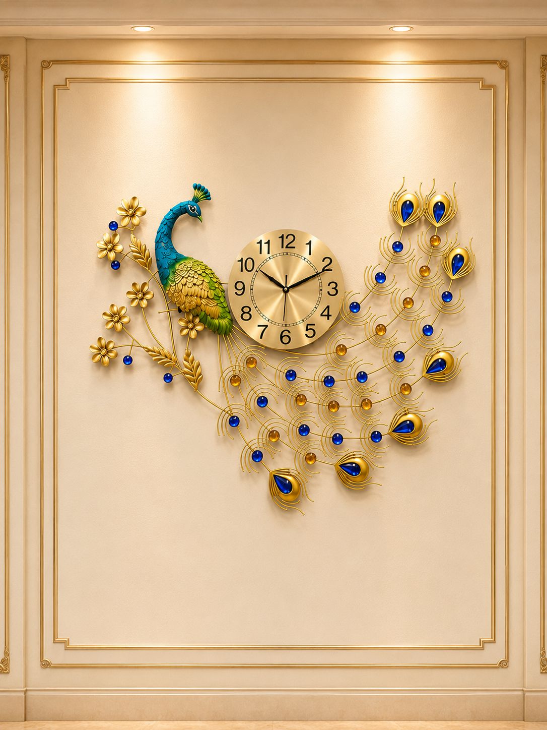 Decorative wall clock shaped like a peacock on a beige wall.