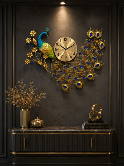 Decorative wall clock shaped like a peacock on a dark wall with decorative elements below.