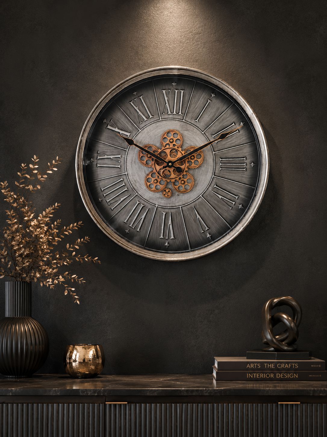 Decorative wall clock with Roman numeral design on a dark wall.