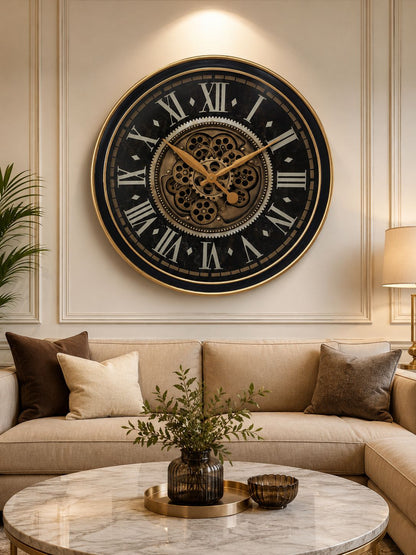 Decorative wall clock with Roman numerals in a living room setting.