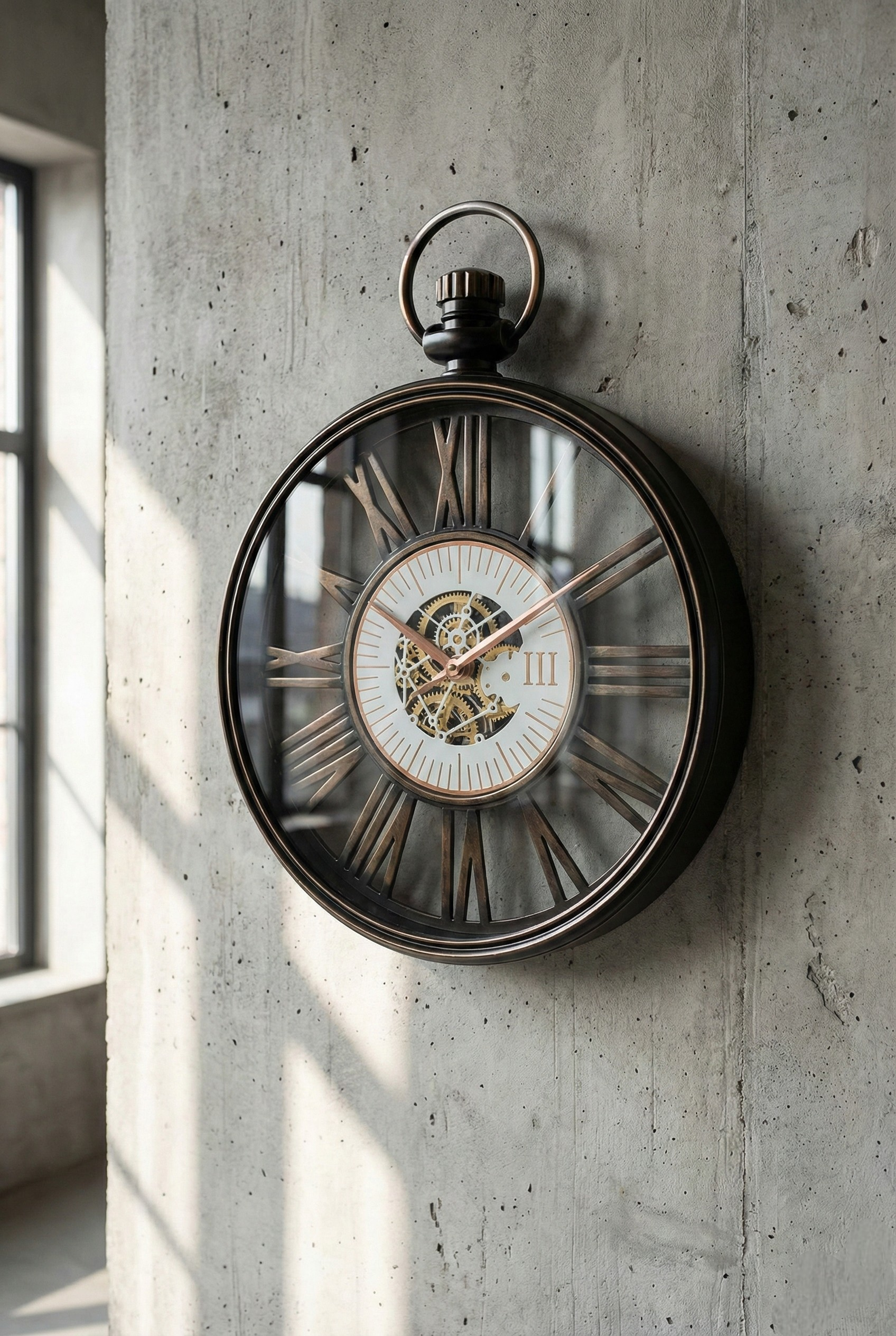 Decorative wall clock with Roman numerals on a concrete wall
