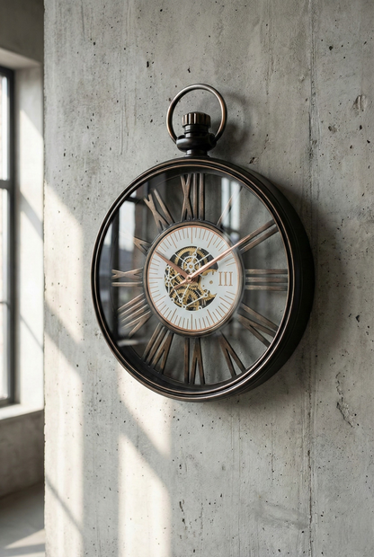 Decorative wall clock with Roman numerals on a concrete wall
