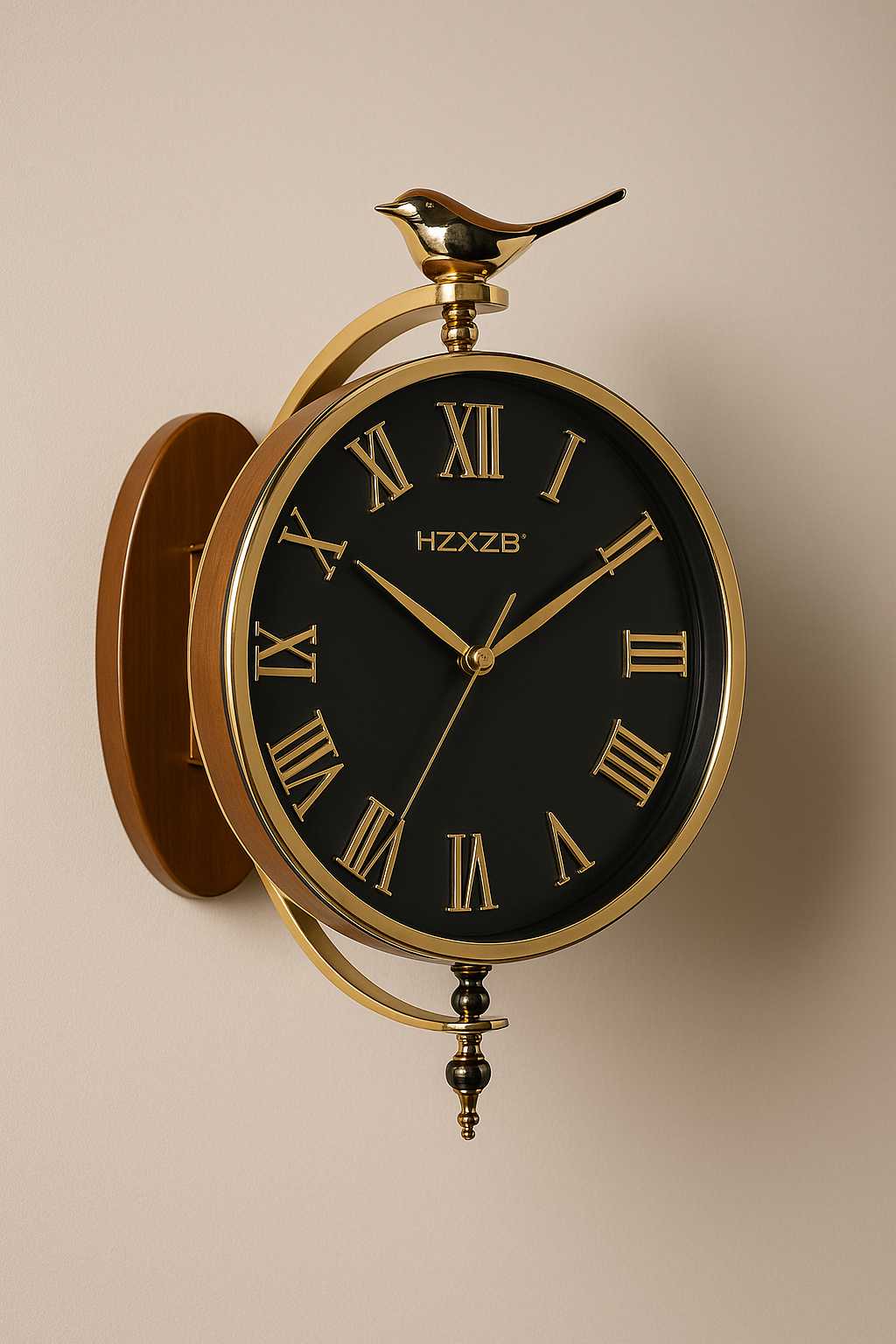 Decorative wall clock with bird figurine on a beige background