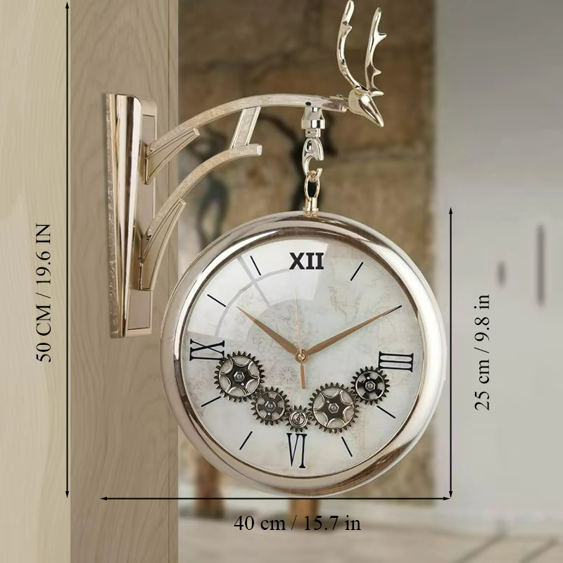Luxury Dual-Sided Deer Hanging Wall Clock With Working Rotating Gears – Teal Green &amp; Cream