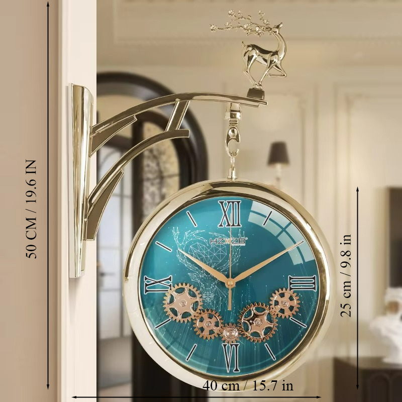 Luxury Dual-Sided Deer Hanging Wall Clock With Working Rotating Gears – Teal Green &amp; Cream