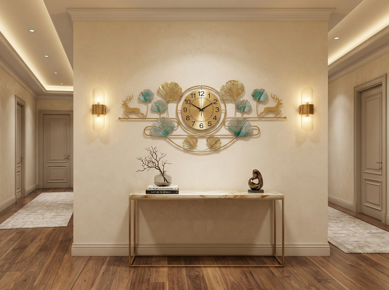 Decorative wall clock with floral and deer design in a hallway setting.