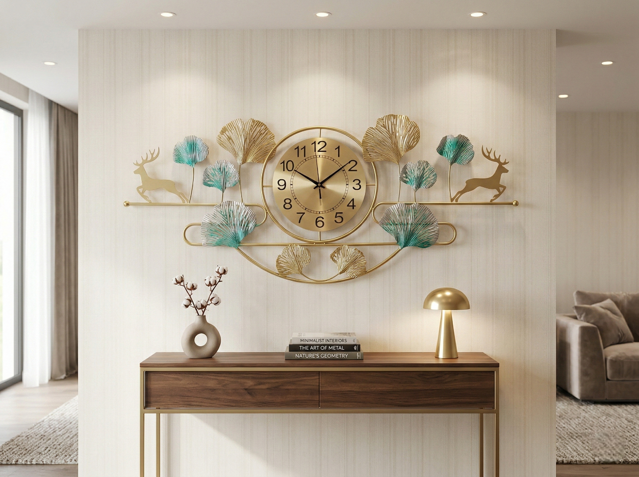 Decorative wall clock with floral and deer designs in a living room setting.