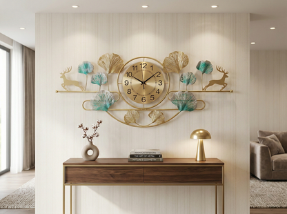 Decorative wall clock with floral and deer designs in a living room setting.